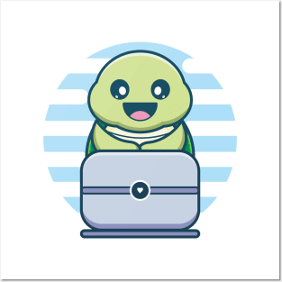 Cute Turtle Character Playing Personal Computer Posters and Art